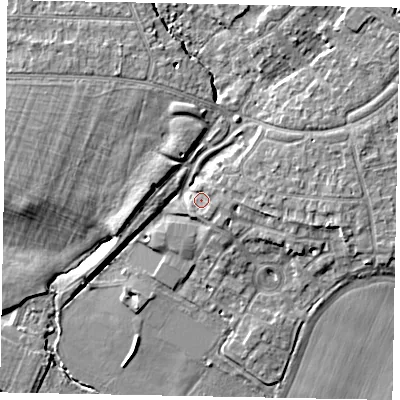Shaded relief map of the ground around SL37FX, computed from Environment Agency LiDAR. The ground here sits at about 23 m above sea level and falls 7 m across the surrounding 800 m. Surface water reaching this point runs off ground lying to the south-south-east, 1.4 m higher.