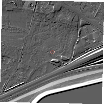 Shaded relief map of the ground around SL37GE, computed from Environment Agency LiDAR. The ground here sits at about 20 m above sea level and falls 19 m across the surrounding 800 m. Surface water reaching this point runs off ground lying to the east, 9.9 m higher.