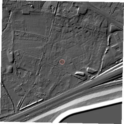 Shaded relief map of the ground around SL37GF, computed from Environment Agency LiDAR. The ground here sits at about 19 m above sea level and falls 19 m across the surrounding 800 m. Surface water reaching this point runs off ground lying to the north-north-east, 6.9 m higher.