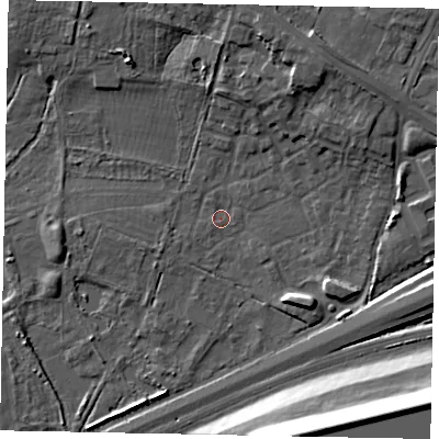 Shaded relief map of the ground around SL37GG, computed from Environment Agency LiDAR. The ground here sits at about 19 m above sea level and falls 19 m across the surrounding 800 m. Surface water reaching this point runs off ground lying to the north-north-east, 7.0 m higher.