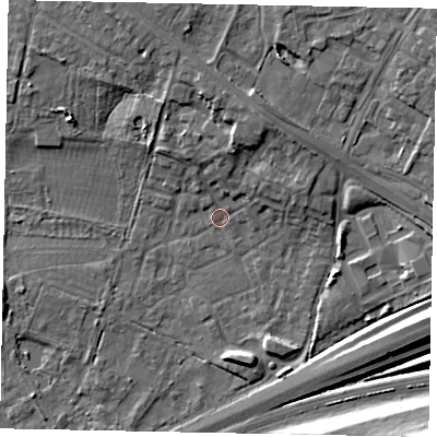Shaded relief map of the ground around SL37GL, computed from Environment Agency LiDAR. The ground here sits at about 21 m above sea level and falls 13 m across the surrounding 800 m. Surface water reaching this point runs off ground lying to the north-north-east, 6.0 m higher.