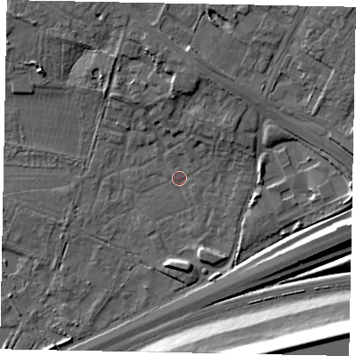 Shaded relief map of the ground around SL37GN, computed from Environment Agency LiDAR. The ground here sits at about 20 m above sea level and falls 19 m across the surrounding 800 m. Surface water reaching this point runs off ground lying to the north-east, 4.2 m higher.