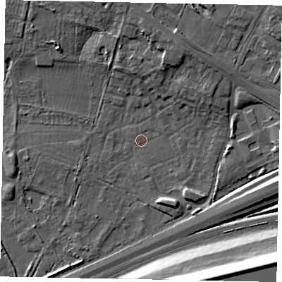 Shaded relief map of the ground around SL37GQ, computed from Environment Agency LiDAR. The ground here sits at about 20 m above sea level and falls 19 m across the surrounding 800 m. Surface water reaching this point runs off ground lying to the north-north-east, 6.5 m higher.