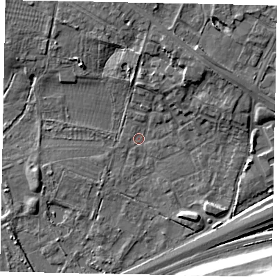 Shaded relief map of the ground around SL37GU, computed from Environment Agency LiDAR. The ground here sits at about 20 m above sea level and falls 14 m across the surrounding 800 m. Surface water reaching this point runs off ground lying to the north-east, 5.4 m higher.