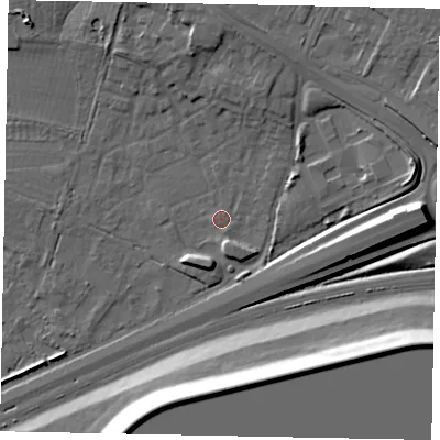 Shaded relief map of the ground around SL37GW, computed from Environment Agency LiDAR. The ground here sits at about 20 m above sea level and falls 19 m across the surrounding 800 m. Surface water reaching this point runs off ground lying to the east, 10.7 m higher.