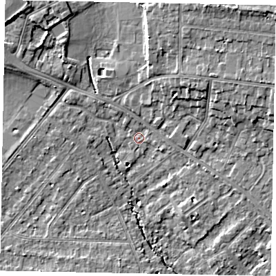 Shaded relief map of the ground around SL37HQ, computed from Environment Agency LiDAR. The ground here sits at about 24 m above sea level and falls 11 m across the surrounding 800 m. Surface water reaching this point runs off ground lying to the north-east, 6.8 m higher.