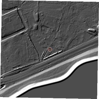 Shaded relief map of the ground around SL37HZ, computed from Environment Agency LiDAR. The ground here sits at about 19 m above sea level and falls 20 m across the surrounding 800 m. Surface water reaching this point runs off ground lying to the east-south-east, 18.8 m higher.