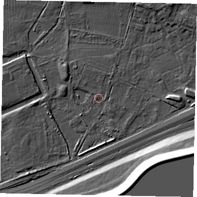 Shaded relief map of the ground around SL37JB, computed from Environment Agency LiDAR. The ground here sits at about 20 m above sea level and falls 19 m across the surrounding 800 m. Surface water reaching this point runs off ground lying to the south-east, 18.8 m higher.