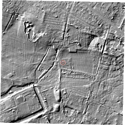 Shaded relief map of the ground around SL37JF, computed from Environment Agency LiDAR. The ground here sits at about 20 m above sea level and falls 8 m across the surrounding 800 m. Surface water reaching this point runs off ground lying to the south, 1.9 m higher.