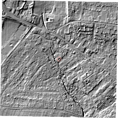 Shaded relief map of the ground around SL37JL, computed from Environment Agency LiDAR. The ground here sits at about 22 m above sea level and falls 10 m across the surrounding 800 m. Surface water reaching this point runs off ground lying to the north-west, 10.5 m higher.
