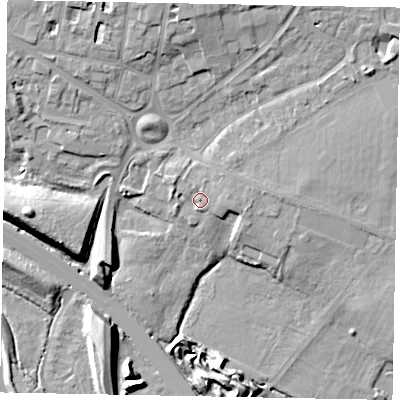 Shaded relief map of the ground around SL37LU, computed from Environment Agency LiDAR. The ground here sits at about 25 m above sea level and falls 13 m across the surrounding 800 m. Surface water reaching this point runs off ground lying to the east-north-east, 1.6 m higher.