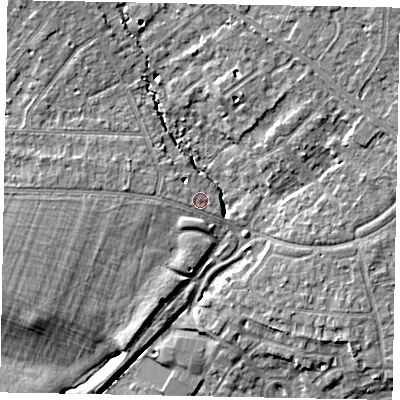 Shaded relief map of the ground around SL37NA, computed from Environment Agency LiDAR. The ground here sits at about 24 m above sea level and falls 6 m across the surrounding 800 m. Surface water reaching this point runs off ground lying to the west-north-west, 1.8 m higher.