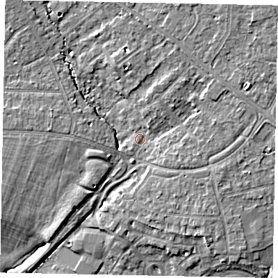 Shaded relief map of the ground around SL37NB, computed from Environment Agency LiDAR. The ground here sits at about 22 m above sea level and falls 7 m across the surrounding 800 m. Surface water reaching this point runs off ground lying to the west, 5.0 m higher.