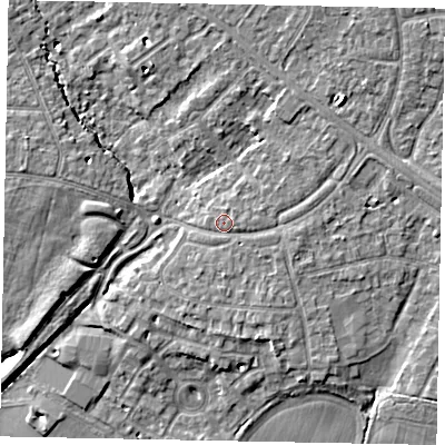 Shaded relief map of the ground around SL37ND, computed from Environment Agency LiDAR. The ground here sits at about 24 m above sea level and falls 7 m across the surrounding 800 m. Surface water reaching this point runs off ground lying to the north-north-east, 1.5 m higher.
