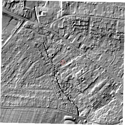 Shaded relief map of the ground around SL37NT, computed from Environment Agency LiDAR. The ground here sits at about 23 m above sea level and falls 9 m across the surrounding 800 m. Surface water reaching this point runs off ground lying to the north, 9.2 m higher.