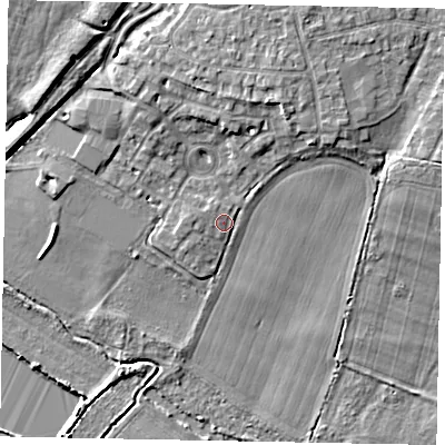 Shaded relief map of the ground around SL37UR, computed from Environment Agency LiDAR. The ground here sits at about 21 m above sea level and falls 8 m across the surrounding 800 m. Surface water reaching this point runs off ground lying to the north-north-east, 4.5 m higher.