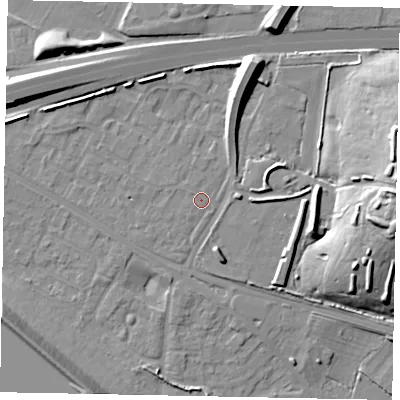 Shaded relief map of the ground around SL38AB, computed from Environment Agency LiDAR. The ground here sits at about 25 m above sea level and falls 20 m across the surrounding 800 m. Surface water reaching this point runs off ground lying to the west-north-west, 0.7 m higher.