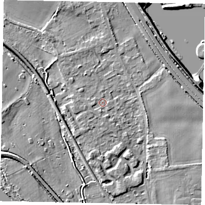 Shaded relief map of the ground around SL39AA, computed from Environment Agency LiDAR. The ground here sits at about 19 m above sea level and falls 7 m across the surrounding 800 m. Surface water reaching this point runs off ground lying to the west-south-west, 1.1 m higher.