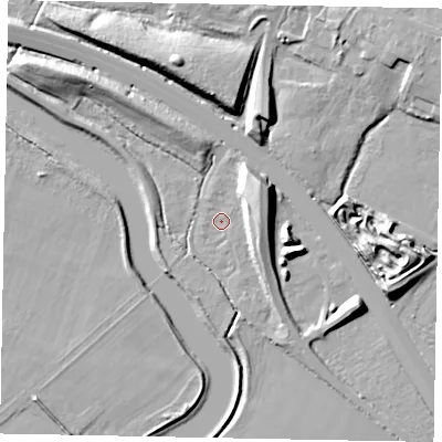 Shaded relief map of the ground around SL39AB, computed from Environment Agency LiDAR. The ground here sits at about 19 m above sea level and falls 13 m across the surrounding 800 m. Surface water reaching this point runs off ground lying to the north-east, 9.8 m higher.