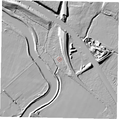 Shaded relief map of the ground around SL39AD, computed from Environment Agency LiDAR. The ground here sits at about 20 m above sea level and falls 12 m across the surrounding 800 m. Surface water reaching this point runs off ground lying to the north-east, 4.4 m higher.