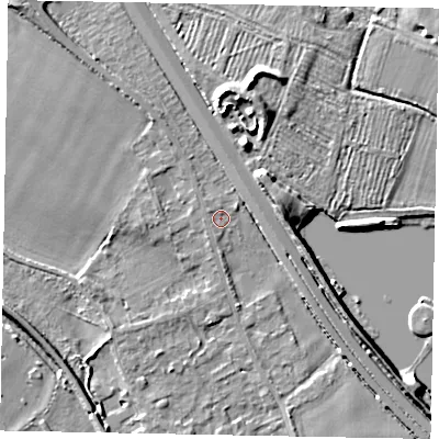 Shaded relief map of the ground around SL39AF, computed from Environment Agency LiDAR. The ground here sits at about 19 m above sea level and falls 8 m across the surrounding 800 m. Surface water reaching this point runs off ground lying to the north-west, 0.7 m higher.