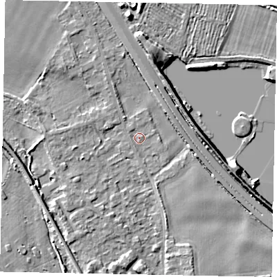Shaded relief map of the ground around SL39AG, computed from Environment Agency LiDAR. The ground here sits at about 19 m above sea level and falls 8 m across the surrounding 800 m. Surface water reaching this point runs off ground lying to the north-north-east, 1.0 m higher.