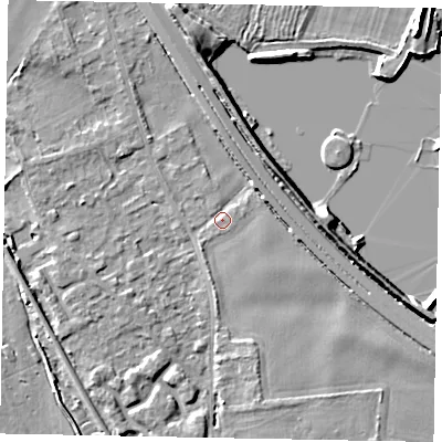 Shaded relief map of the ground around SL39AN, computed from Environment Agency LiDAR. The ground here sits at about 19 m above sea level and falls 7 m across the surrounding 800 m. Surface water reaching this point runs off ground lying to the east-south-east, 2.3 m higher.