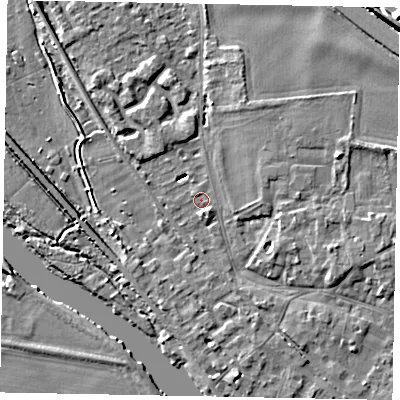 Shaded relief map of the ground around SL39AP, computed from Environment Agency LiDAR. The ground here sits at about 18 m above sea level and falls 6 m across the surrounding 800 m. Surface water reaching this point runs off ground lying to the west-south-west, 4.1 m higher.