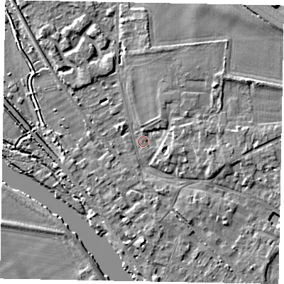 Shaded relief map of the ground around SL39AR, computed from Environment Agency LiDAR. The ground here sits at about 18 m above sea level and falls 6 m across the surrounding 800 m. Surface water reaching this point runs off ground lying to the west, 4.1 m higher.
