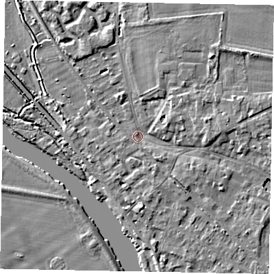 Shaded relief map of the ground around SL39AS, computed from Environment Agency LiDAR. The ground here sits at about 18 m above sea level and falls 5 m across the surrounding 800 m. Surface water reaching this point runs off ground lying to the south-south-west, 2.2 m higher.