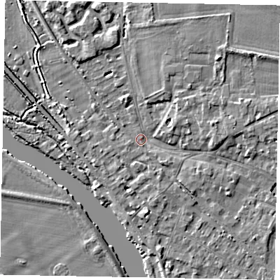 Shaded relief map of the ground around SL39AT, computed from Environment Agency LiDAR. The ground here sits at about 18 m above sea level and falls 5 m across the surrounding 800 m. Surface water reaching this point runs off ground lying to the west-north-west, 2.8 m higher.