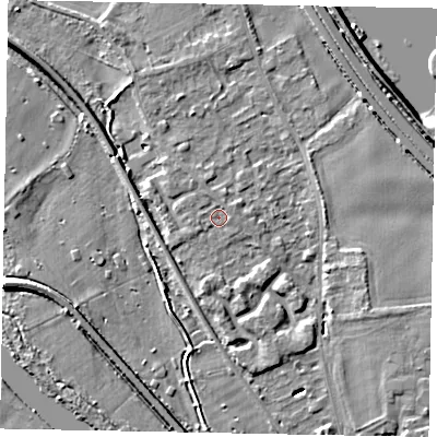 Shaded relief map of the ground around SL39AZ, computed from Environment Agency LiDAR. The ground here sits at about 19 m above sea level and falls 6 m across the surrounding 800 m. Surface water reaching this point runs off ground lying to the north-north-west, 1.5 m higher.