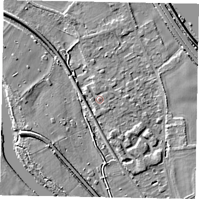 Shaded relief map of the ground around SL39BE, computed from Environment Agency LiDAR. The ground here sits at about 19 m above sea level and falls 6 m across the surrounding 800 m. Surface water reaching this point runs off ground lying to the north-north-east, 1.4 m higher.