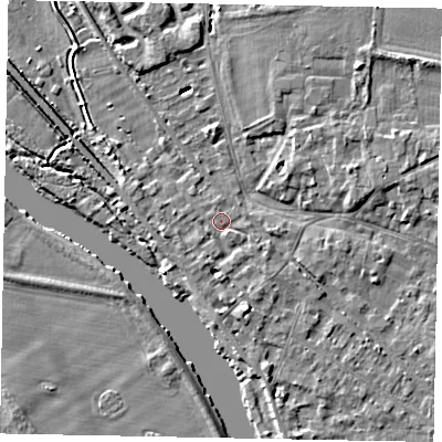 Shaded relief map of the ground around SL39BN, computed from Environment Agency LiDAR. The ground here sits at about 19 m above sea level and falls 5 m across the surrounding 800 m. Surface water reaching this point runs off ground lying to the south-south-west, 1.9 m higher.