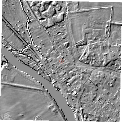 Shaded relief map of the ground around SL39BP, computed from Environment Agency LiDAR. The ground here sits at about 19 m above sea level and falls 5 m across the surrounding 800 m. Surface water reaching this point runs off ground lying to the south-south-west, 1.4 m higher.