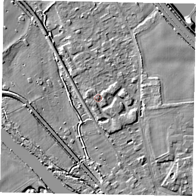 Shaded relief map of the ground around SL39BQ, computed from Environment Agency LiDAR. The ground here sits at about 20 m above sea level and falls 6 m across the surrounding 800 m. Surface water reaching this point runs off ground lying to the east, 1.4 m higher.
