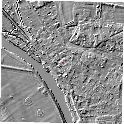 Shaded relief map of the ground around SL39BW, computed from Environment Agency LiDAR. The ground here sits at about 19 m above sea level and falls 5 m across the surrounding 800 m. Surface water reaching this point runs off ground lying to the south-south-west, 1.0 m higher.