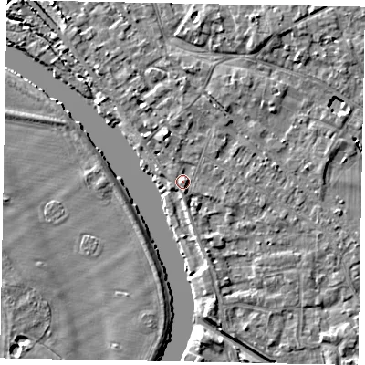 Shaded relief map of the ground around SL39BX, computed from Environment Agency LiDAR. The ground here sits at about 20 m above sea level and falls 5 m across the surrounding 800 m. Surface water reaching this point runs off ground lying to the north-north-west, 2.0 m higher.