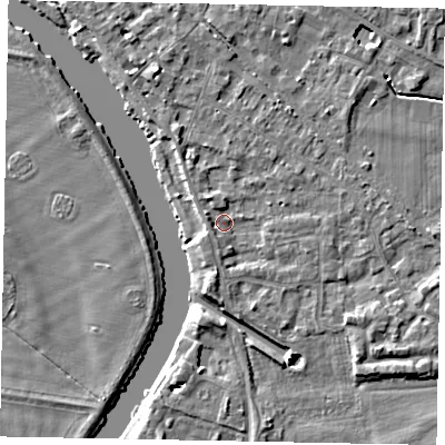 Shaded relief map of the ground around SL39BY, computed from Environment Agency LiDAR. The ground here sits at about 18 m above sea level and falls 4 m across the surrounding 800 m. Surface water reaching this point runs off ground lying to the north-north-west, 2.0 m higher.
