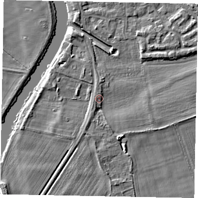 Shaded relief map of the ground around SL39BZ, computed from Environment Agency LiDAR. The ground here sits at about 19 m above sea level and falls 5 m across the surrounding 800 m. Surface water reaching this point runs off ground lying to the south-south-east, 3.9 m higher.