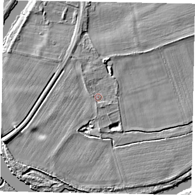 Shaded relief map of the ground around SL39DA, computed from Environment Agency LiDAR. The ground here sits at about 18 m above sea level and falls 7 m across the surrounding 800 m. Surface water reaching this point runs off ground lying to the south-south-east, 1.3 m higher.