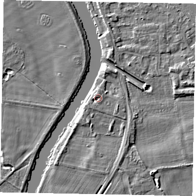 Shaded relief map of the ground around SL39DB, computed from Environment Agency LiDAR. The ground here sits at about 19 m above sea level and falls 5 m across the surrounding 800 m. Surface water reaching this point runs off ground lying to the north-north-west, 2.7 m higher.