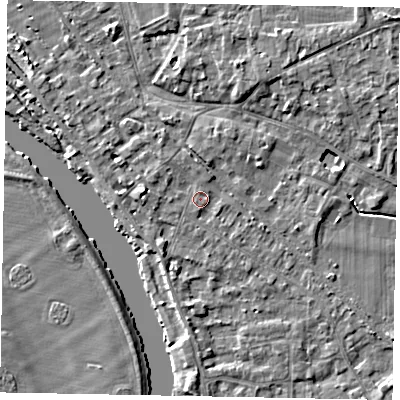 Shaded relief map of the ground around SL39DH, computed from Environment Agency LiDAR. The ground here sits at about 19 m above sea level and falls 4 m across the surrounding 800 m. Surface water reaching this point runs off ground lying to the west, 2.2 m higher.