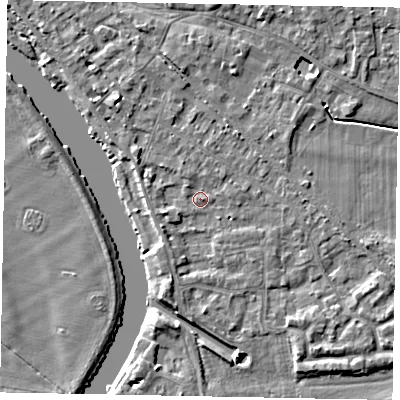 Shaded relief map of the ground around SL39DL, computed from Environment Agency LiDAR. The ground here sits at about 18 m above sea level and falls 4 m across the surrounding 800 m. Surface water reaching this point runs off ground lying to the north-west, 2.7 m higher.