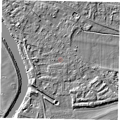 Shaded relief map of the ground around SL39DN, computed from Environment Agency LiDAR. The ground here sits at about 18 m above sea level and falls 4 m across the surrounding 800 m. Surface water reaching this point runs off ground lying to the north-west, 2.7 m higher.