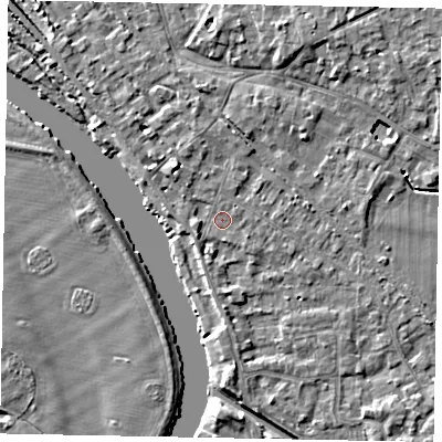 Shaded relief map of the ground around SL39DQ, computed from Environment Agency LiDAR. The ground here sits at about 18 m above sea level and falls 5 m across the surrounding 800 m. Surface water reaching this point runs off ground lying to the north-west, 2.0 m higher.