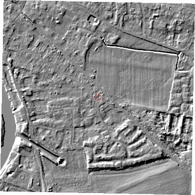 Shaded relief map of the ground around SL39DR, computed from Environment Agency LiDAR. The ground here sits at about 18 m above sea level and falls 4 m across the surrounding 800 m. The ground contributing surface water to this point lies to the west-north-west.