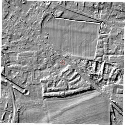 Shaded relief map of the ground around SL39DS, computed from Environment Agency LiDAR. The ground here sits at about 18 m above sea level and falls 5 m across the surrounding 800 m. Surface water reaching this point runs off ground lying to the north-west, 2.1 m higher.
