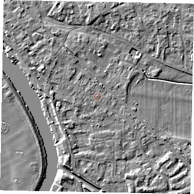 Shaded relief map of the ground around SL39DT, computed from Environment Agency LiDAR. The ground here sits at about 18 m above sea level and falls 4 m across the surrounding 800 m. Surface water reaching this point runs off ground lying to the west-north-west, 2.2 m higher.