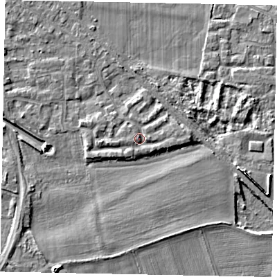 Shaded relief map of the ground around SL39DY, computed from Environment Agency LiDAR. The ground here sits at about 19 m above sea level and falls 6 m across the surrounding 800 m. Surface water reaching this point runs off ground lying to the east, 1.5 m higher.